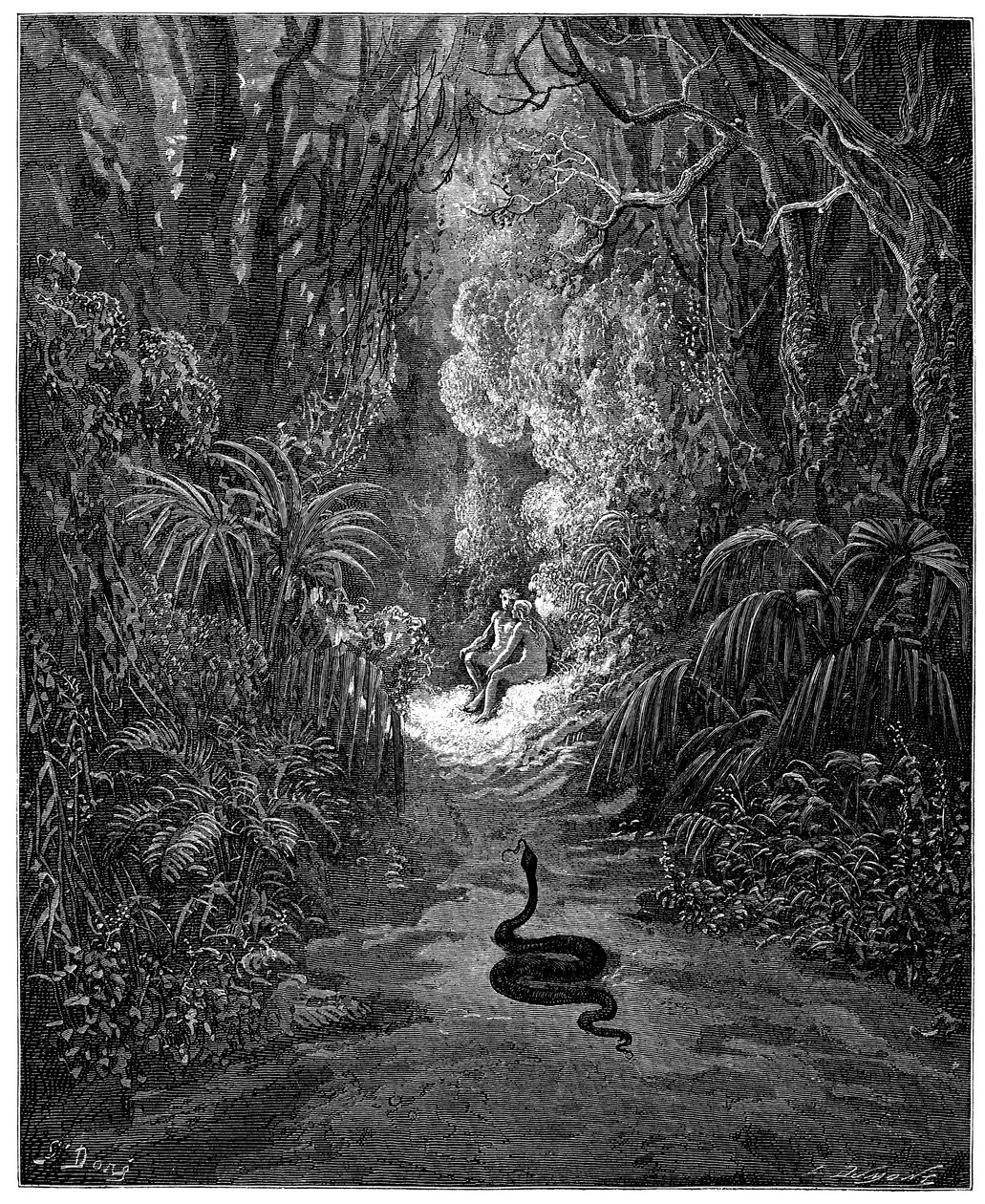Die Schlange nähert sich Adam und Eva. Illustration von Gustave Doré für „Das verlorene Paradies“ von John Milton (1608-1674). Stich von 1866. Private Sammlung von Gustave Dore