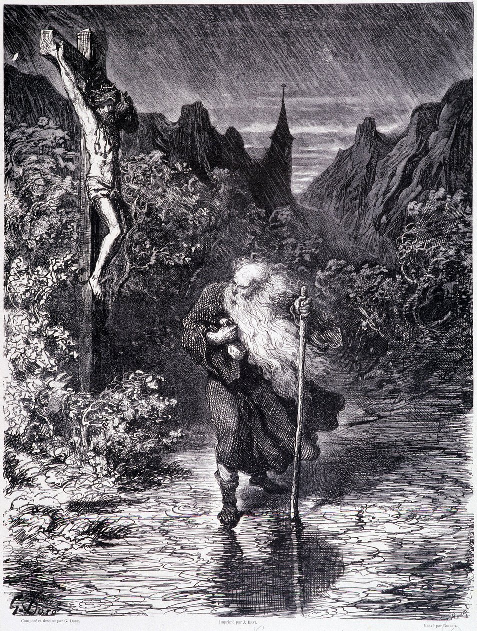 Der wandernde Jude nahe einem Kalvarienberg - in „Die Legende des wandernden Juden“ von Gustave Doré, Buchhandlung des malerischen Ladens von Gustave Dore