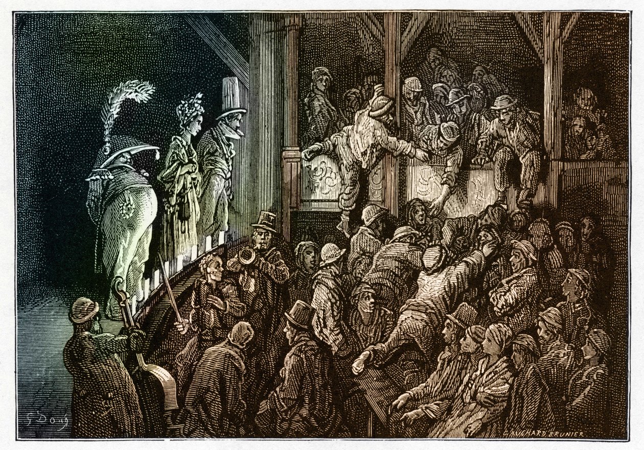Theater: das Publikum während einer Theateraufführung. Farbige Gravur aus „London, eine Pilgerreise“ illustriert von Gustave Doré von Gustave Dore