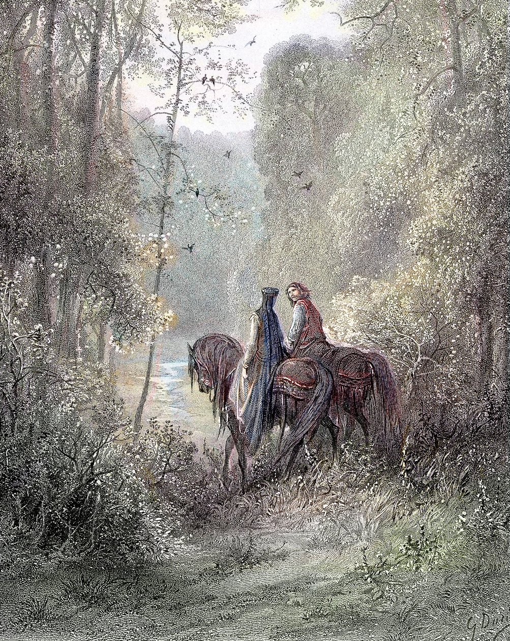 Sie verloren sich unter Hainen, die wie ein Blumenparadies schienen (Guenièvre und Lancelot) - in „Guenièvre“ von Alfred Tennyson, ill. von Gustave Doré, Paris, Librairie Hachette et Cie von Gustave Dore