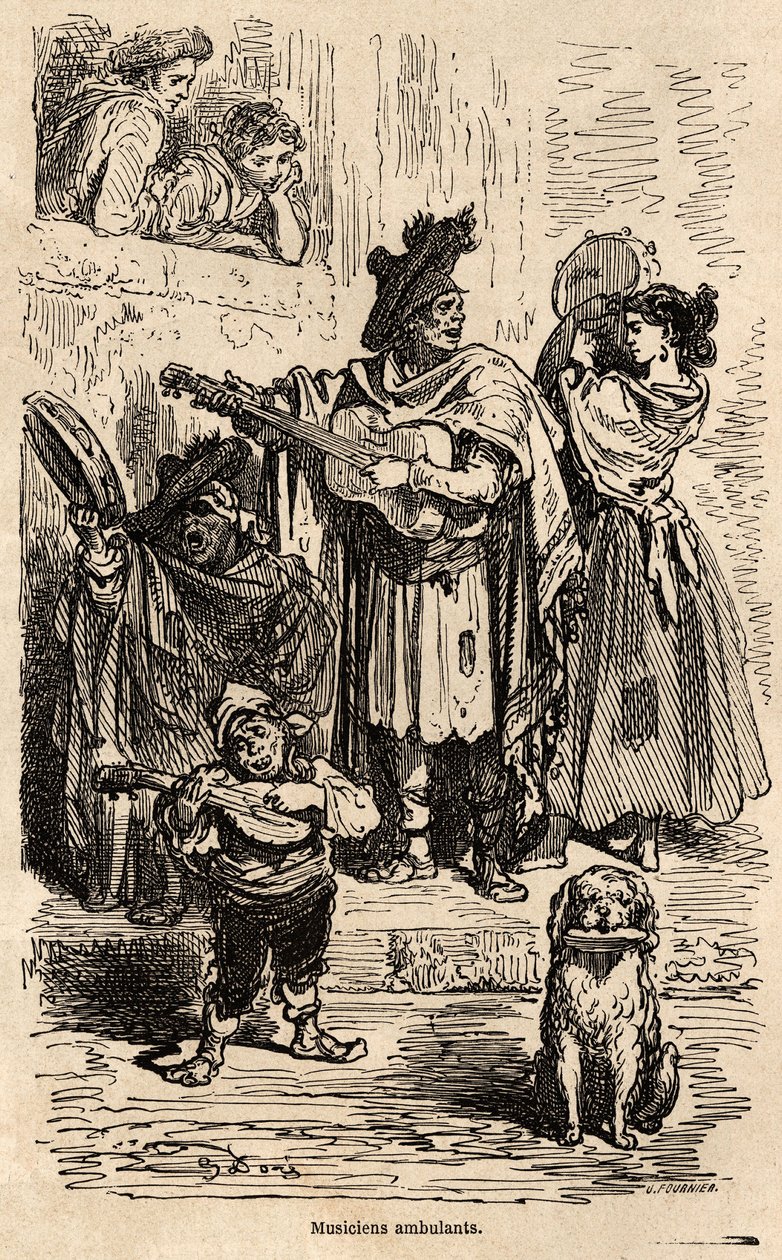 Reisende Musiker in Valencia. Zeichnung von Gustave Doré zur Illustration seiner Reise nach Spanien mit C. Davillier 1862. Gravur in „Le tour du monde“, herausgegeben von Edouard Charton von Gustave Dore