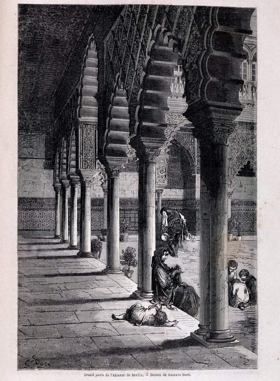 Ansicht des großen Patios des Alcázar in Sevilla - von Doré, in „Tour du Monde“, 2. Halbjahr 1866 von Gustave Dore