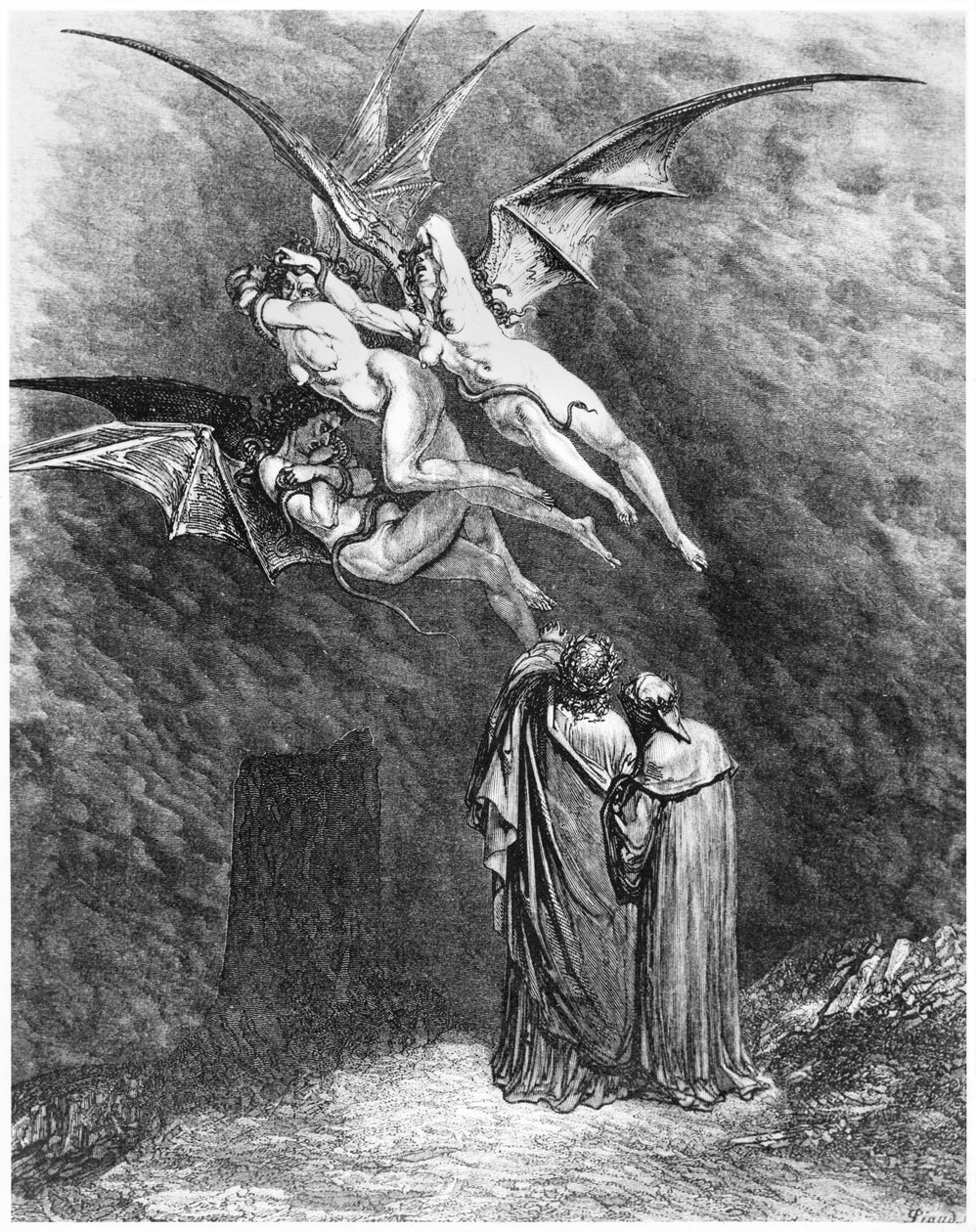 Virgil (70-19 v. Chr.), Dante und die Erinnyen, Illustration aus 