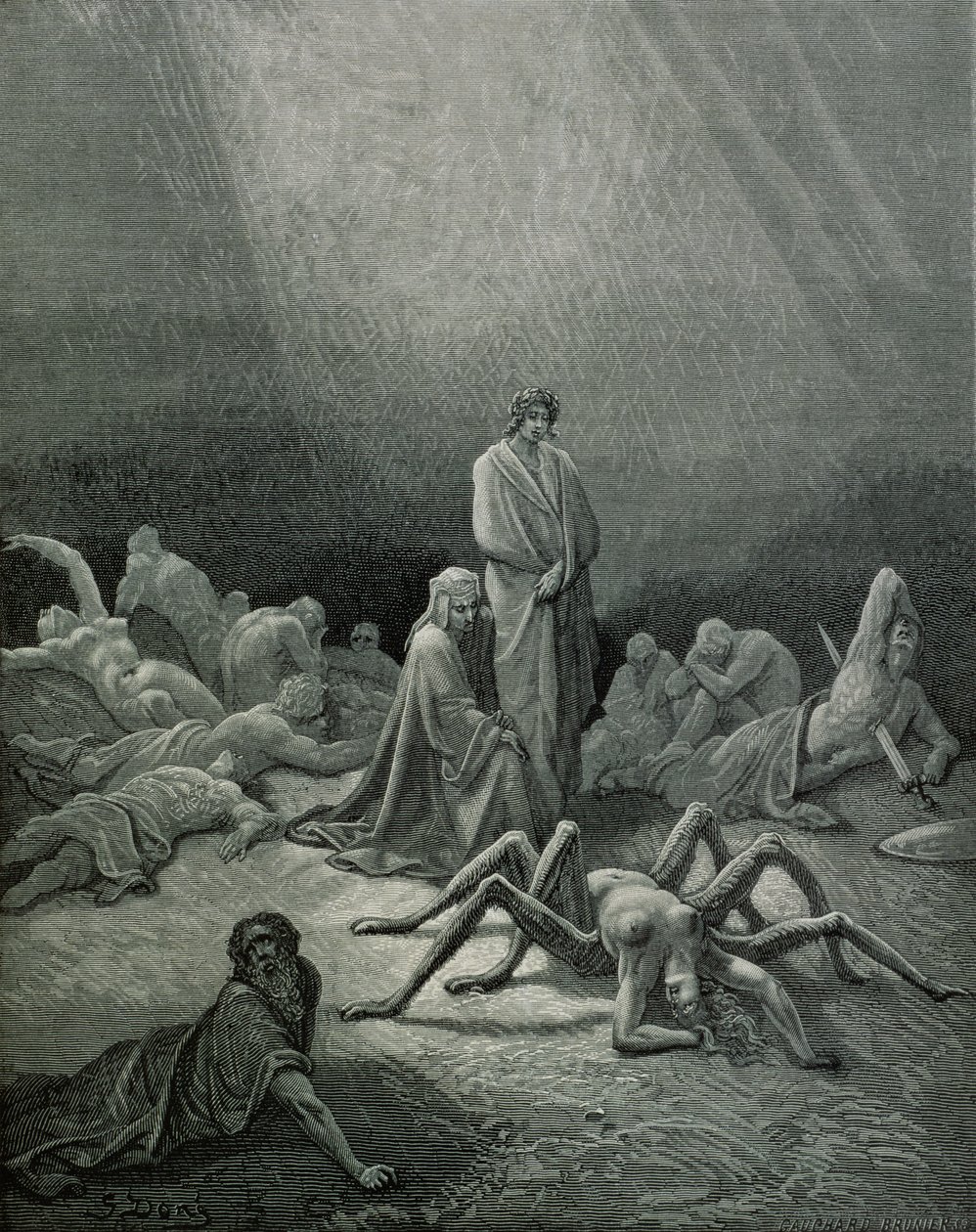 Virgil (70-19 v. Chr.) und Dante betrachten die Spinnenfrau, Illustration aus 
