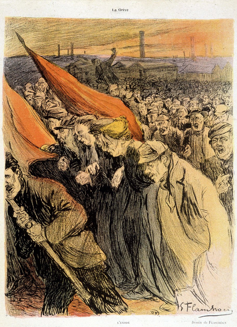 Gekrümmte Menge mit roten Fahnen, La Grève von Flaschoën, Anfang 20. Jh. von Gustave Flasschoen