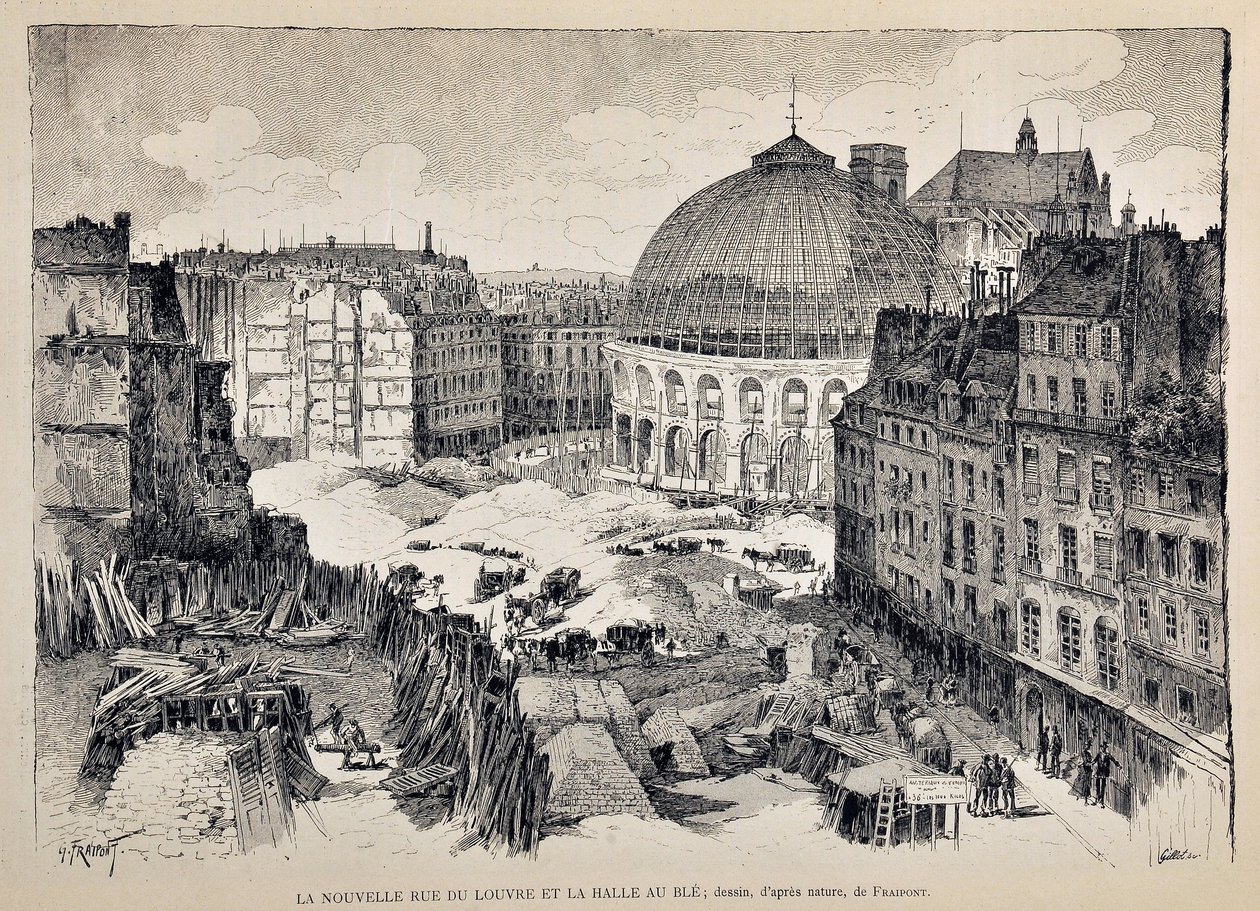 Die neue Rue du Louvre und die Halle au Blé in Paris im Jahr 1887. Illustration von Gustave Fraipont (1849-1923). Gravur von 1887 in „Paris-Illustrierte Wochenzeitung“. von Gustave Fraipont