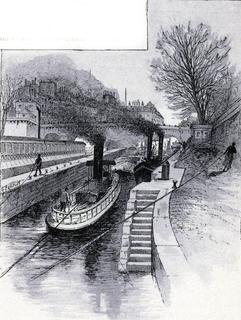 Schleppboote der Schleuse auf der Seine vor dem Hôtel des Monnaies, Paris Zeichnung von Gustave Fraipont (1849-1923) aus Saint-Juirs von Gustave Fraipont
