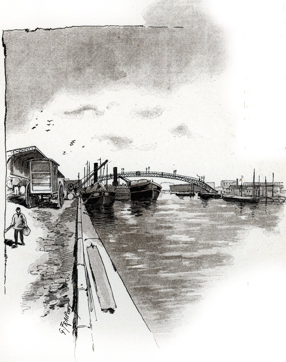 Blick auf die Fußgängerbrücke des Canal de la Villette, Paris von Gustave Fraipont