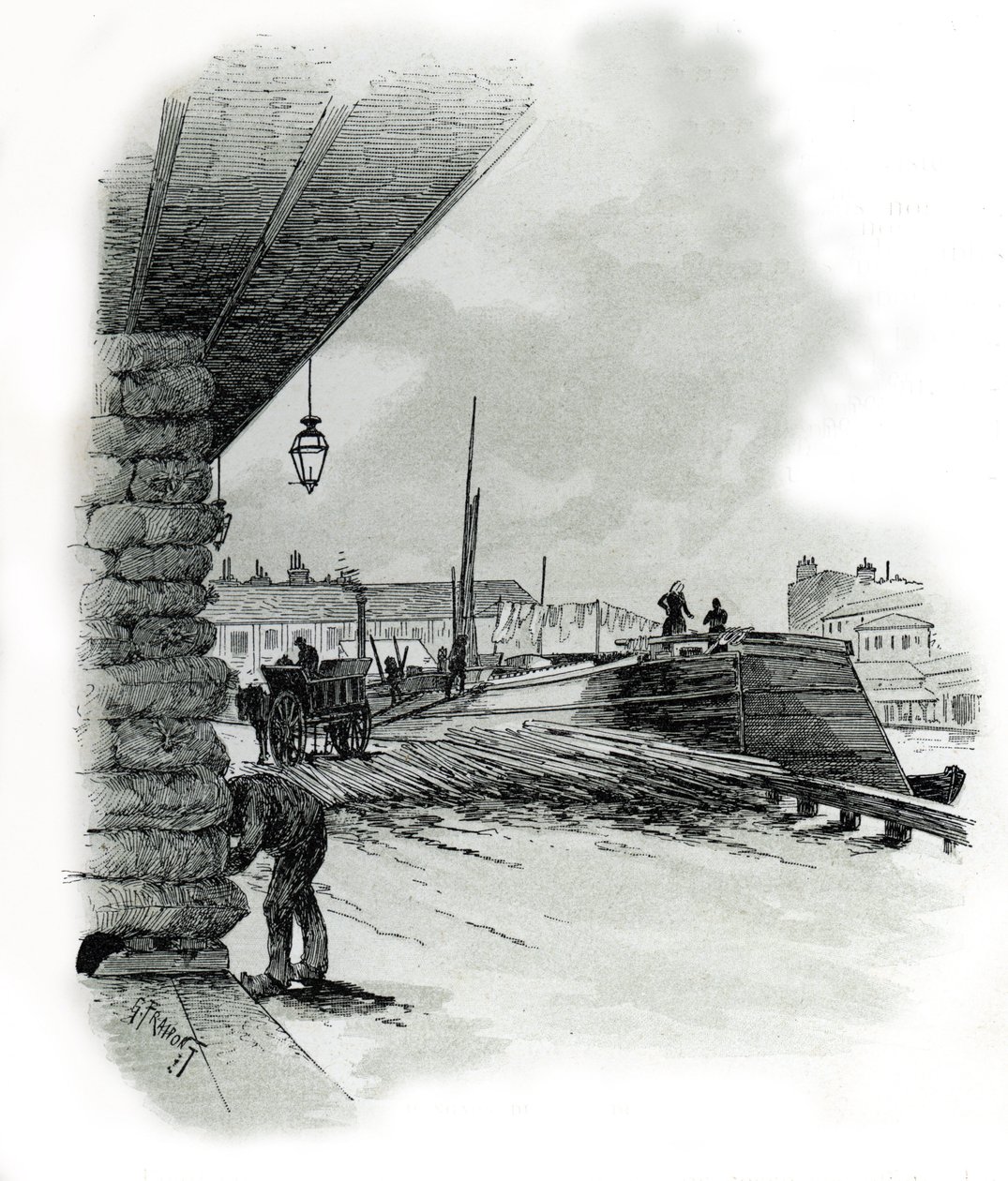 Ansicht der Lagerhäuser des Hafens von La Villette in Paris (Bootshäuser und Schuppen des Hafens von La Villette, Paris) Zeichnung von Gustave Fraipont (1849-1923) aus „La Seine à travers Paris“ von Saint-Juirs von Gustave Fraipont