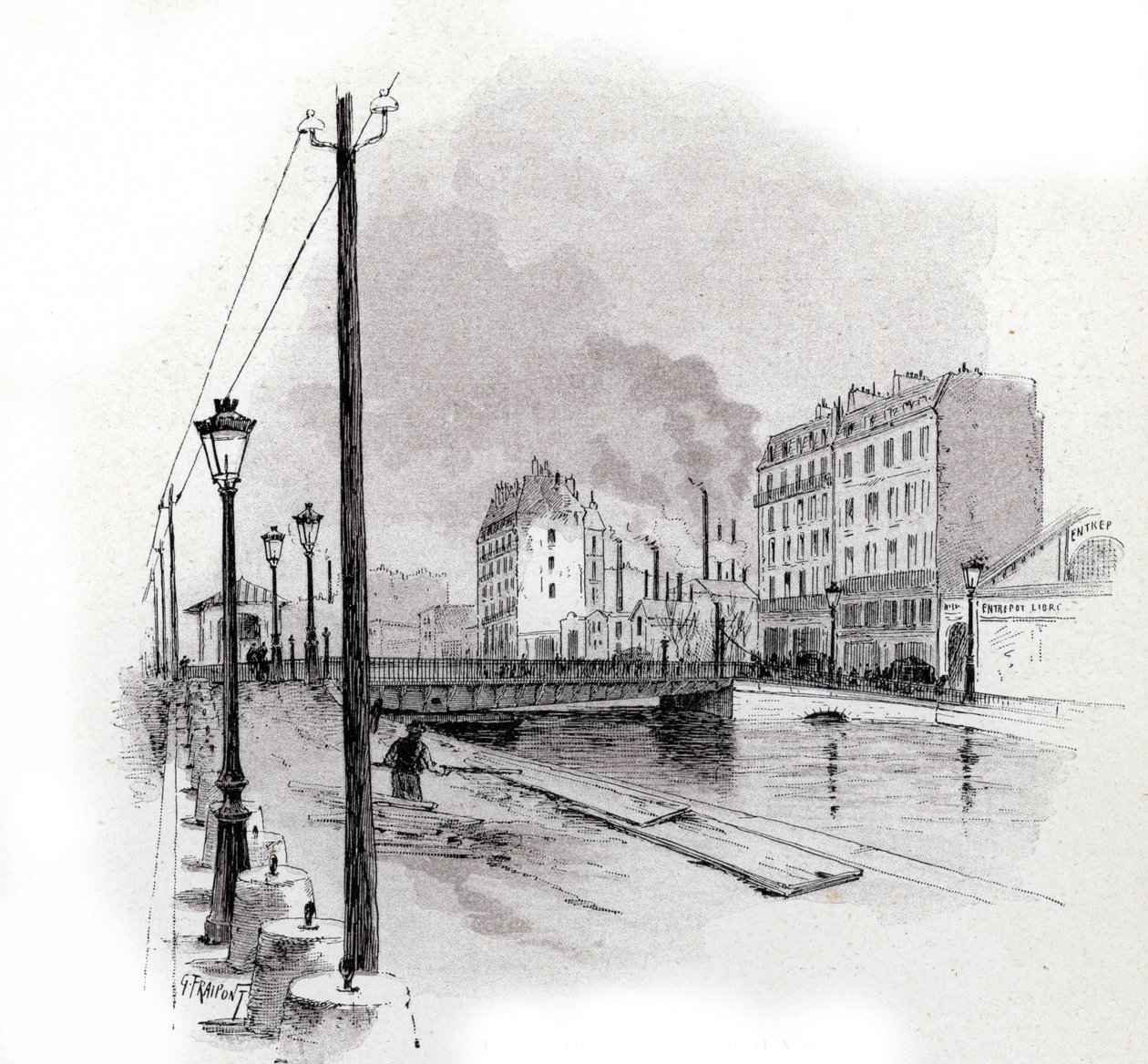 Ansicht der Schwenkbrücke des Quai de Valmy am Canal Saint Martin, Paris. Zeichnung von Gustave Fraipont (1849-1923) aus Saint-Juirs von Gustave Fraipont
