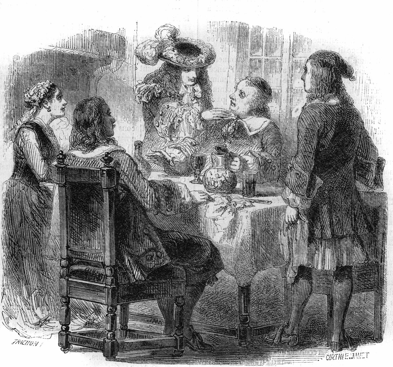 Russischer Zar Peter der Große (1672-1725), untergebracht in Frankreich bei der Familie Kalf, beobachtet die Diskussion zwischen seinem Gastgeber und einem Betrunkenen, dem Marquis de Bernardini. Gravur von Gustave Janet von Gustave Janet