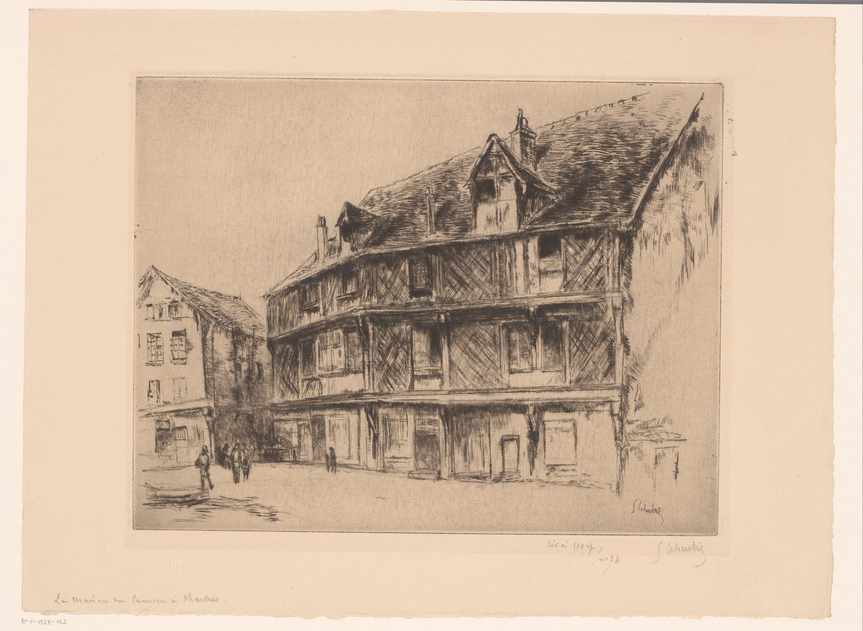 Straße mit Häusern und Spaziergängern in Chartres von Gustave Leheutre (signed by artist)