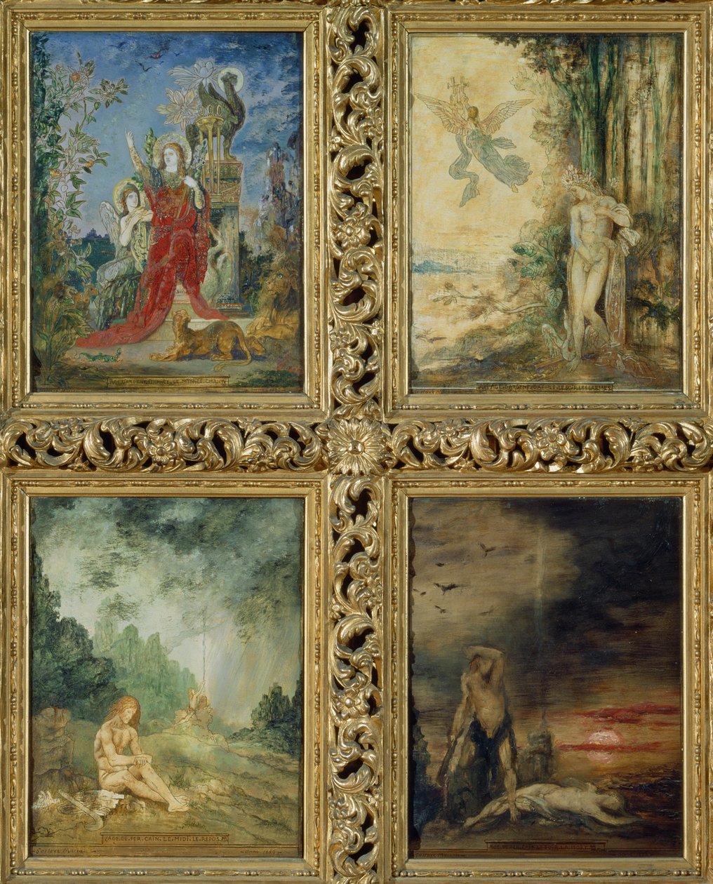 Menschheit: von TtoB, zwei Szenen, die das Silberne Zeitalter darstellen, repräsentiert durch Orpheus; zwei Szenen, die das Eiserne Zeitalter darstellen, repräsentiert durch Kain und Abel (Detail) von Gustave Moreau