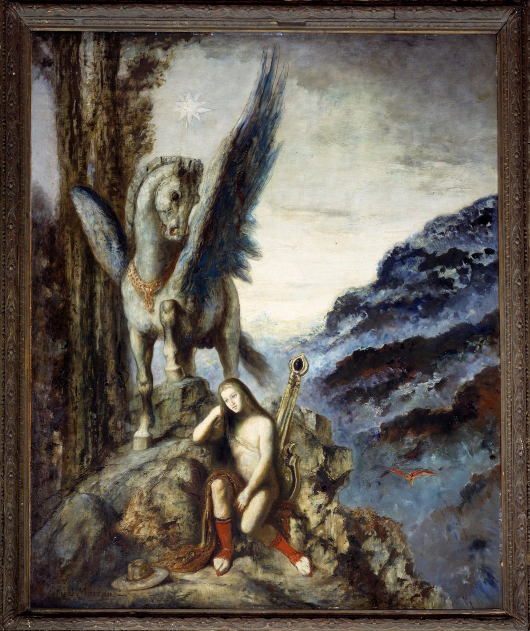 Der reisende Dichter. Ein nachdenklicher Reisender in der Nähe des Pferdeflügels Pegase. (Detail) von Gustave Moreau