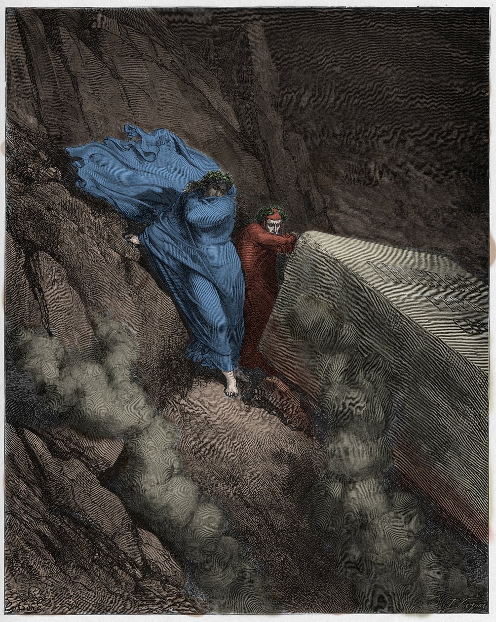 Inferno, Gesang 11: Das brennende Grab von Papst Anastasius II (Anastase II), Illustration aus Die Göttliche Komödie von Dante Alighieri, 1885 (digital koloriert) von Gustave after Dore