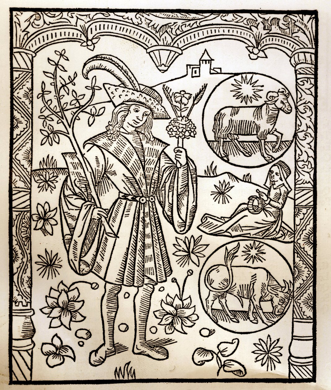 Hirtenkalender - Die Arbeiten der Monate - April - Holzschnitt aus dem Buch von 1496, gedruckt von Guy Marchant (Guido Mercator) in Troyes - Holzschnitt in „Le grand Calendrier et compost des shepherds“ von Guy Marchant