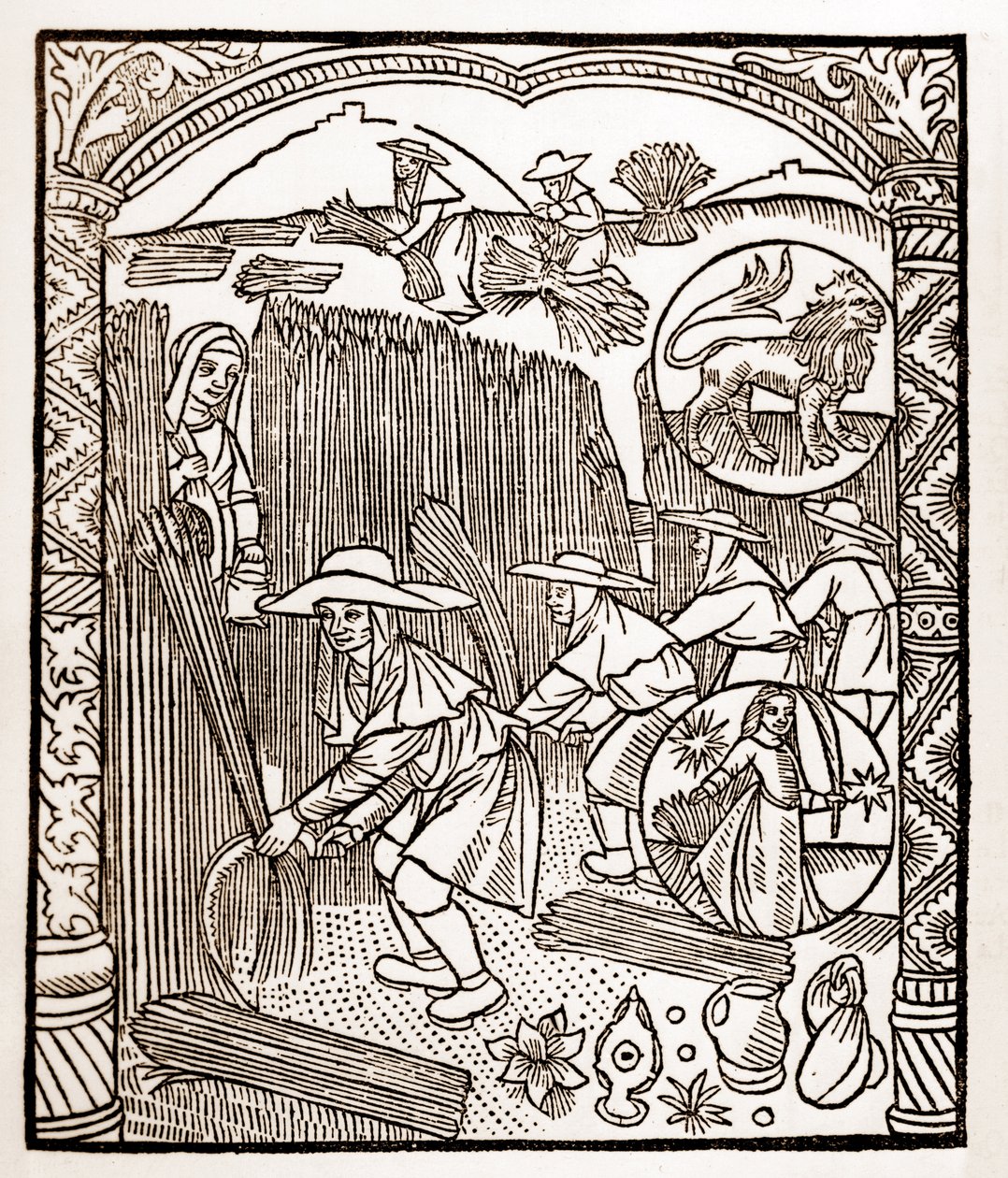 Hirtenkalender - Die Arbeiten der Monate - August - Holzschnitt aus dem Buch von 1496, gedruckt von Guy Marchant (Guido Mercator) in Troyes - Holzstich in „Le grand Calendrier et compost des bergers“ von Guy Marchant