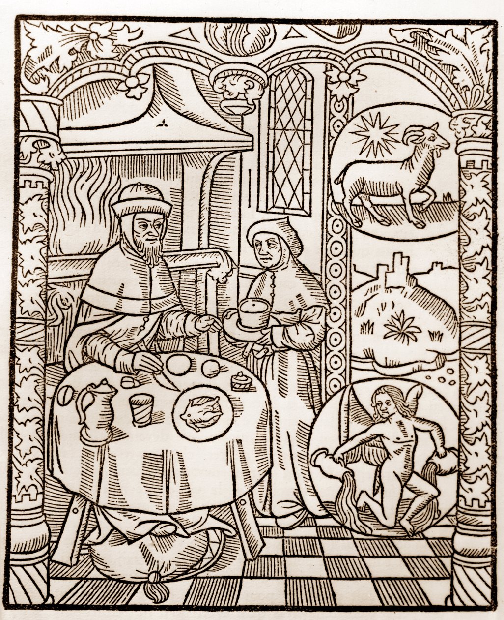 Schäferkalender - Die Arbeiten der Monate - Januar - Holzschnitt aus dem Buch von 1496, gedruckt von Guy Marchant (Guido Mercator) in Troyes - Holzgravur in „Le grand Calendrier et compost des shepherds“ von Guy Marchant