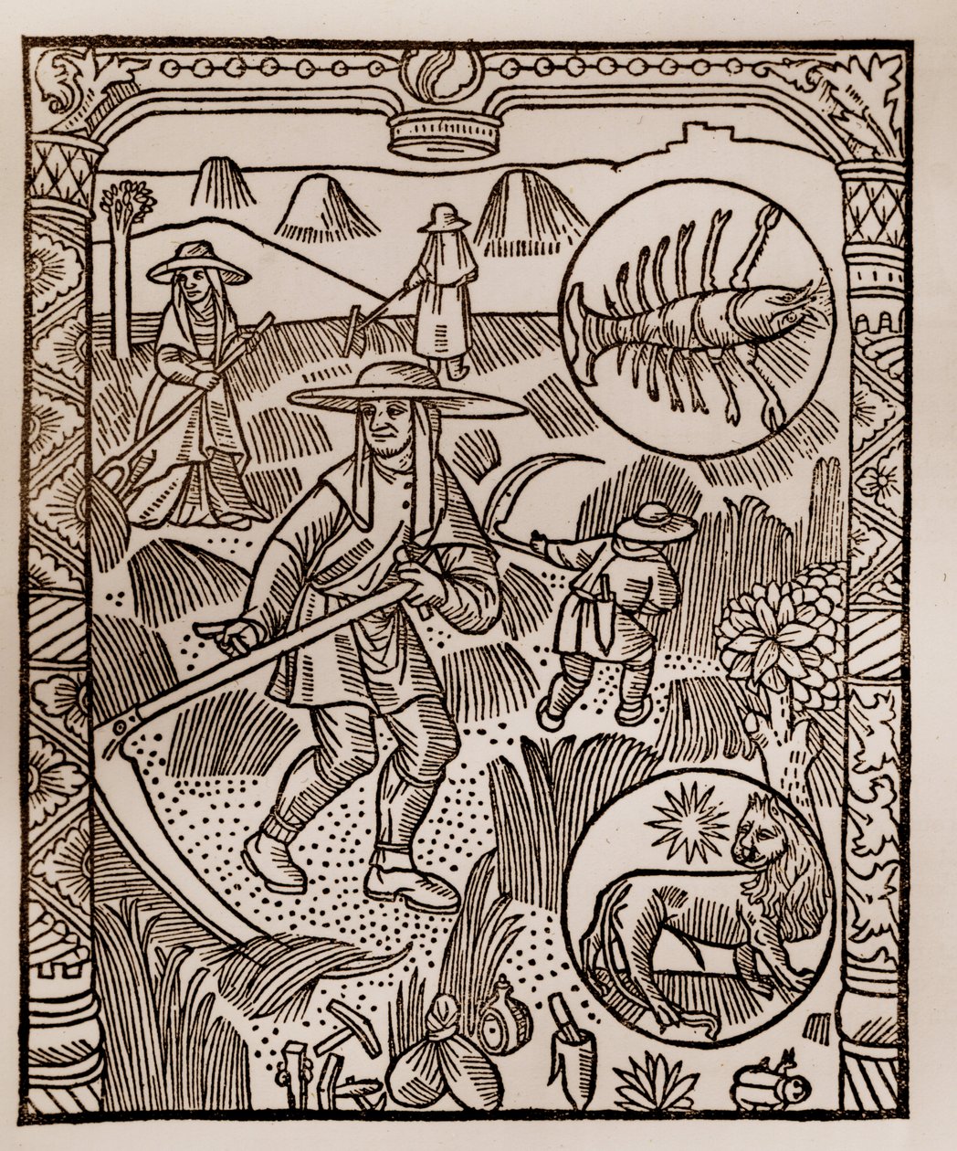 Hirtenkalender - Die Arbeiten der Monate - Juli - Holzschnitt aus dem Buch von 1496, gedruckt von Guy Marchant (Guido Mercator) in Troyes - Heu, das Mähen des Heus - Holzstich in „Le grand Calendrier et compost des bergers“ von Guy Marchant