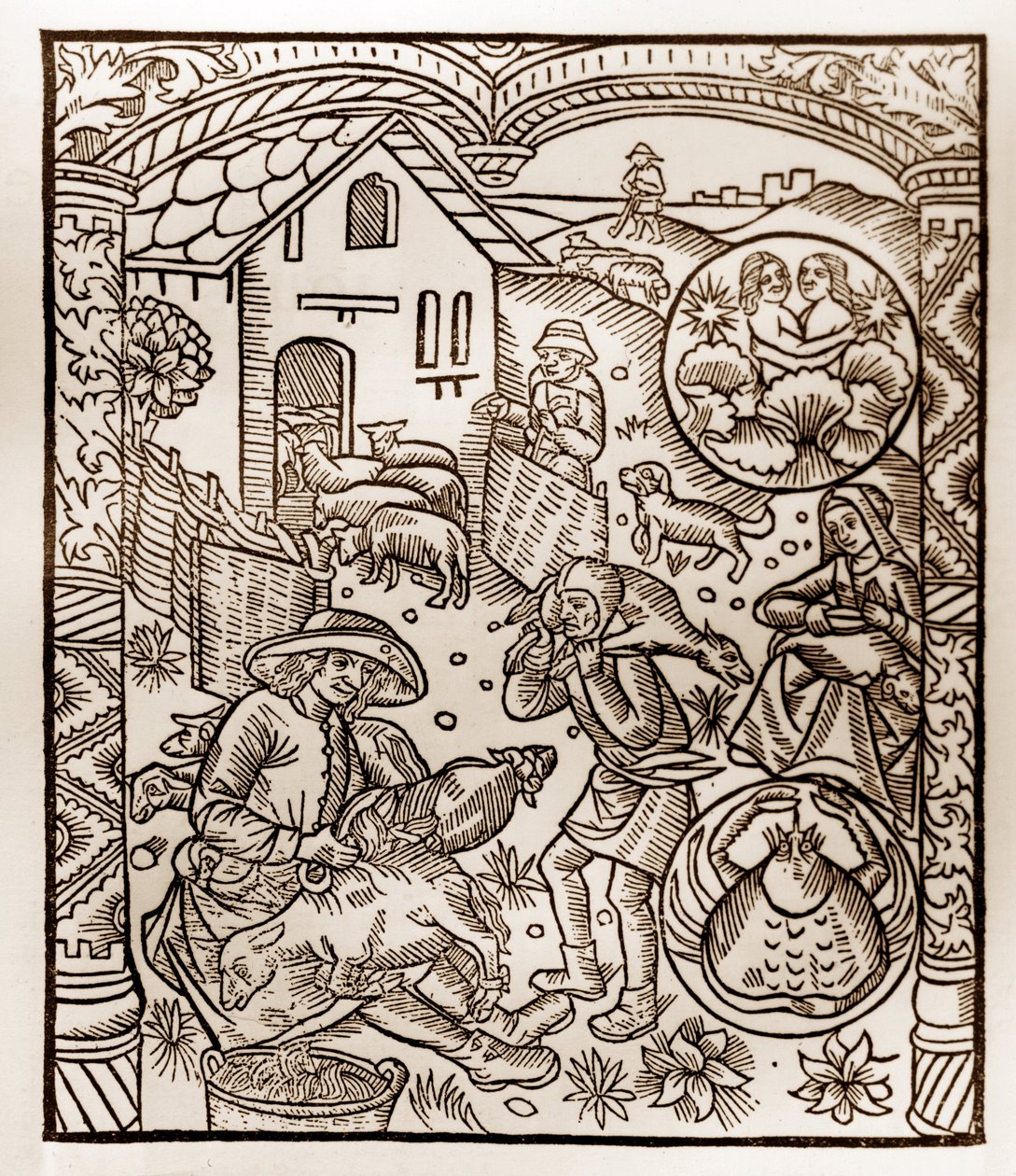 Hirtenkalender - Die Arbeiten der Monate - Juni - Holzschnitt aus dem Buch von 1496, gedruckt von Guy Marchant (Guido Mercator) in Troyes - Holzgravur in „Le grand Calendrier et compost des shepherds“ von Guy Marchant