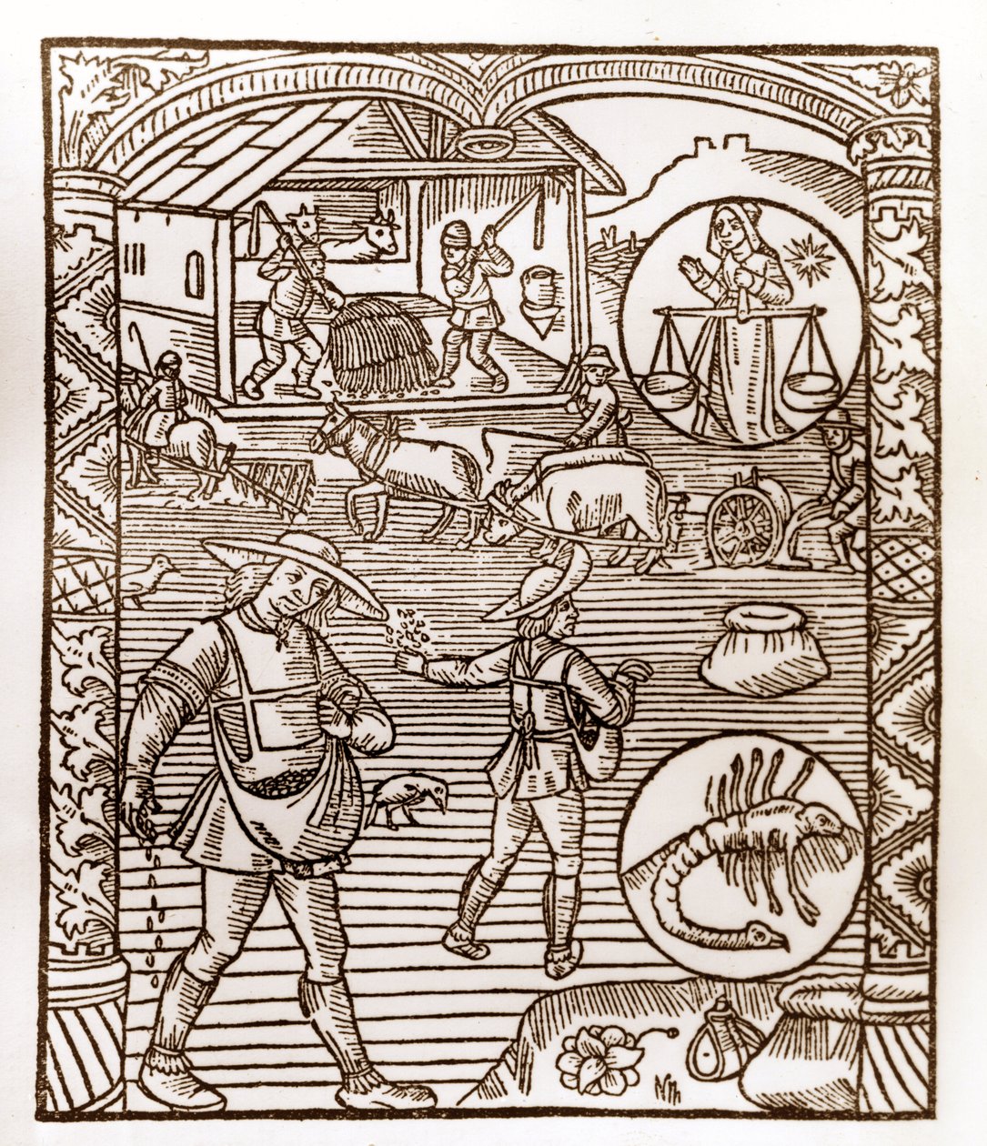 Hirtenkalender - Die Arbeiten der Monate - September - Holzschnitt aus dem Buch von 1496, gedruckt von Guy Marchant (Guido Mercator) in Troyes - Im Vordergrund säen Bauern im Flug - Holzschnitt in „Le grand Calendrier et compost des shepherds“ von Guy Marchant