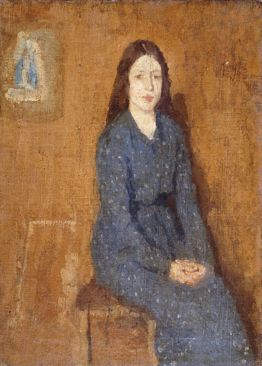 Sitzendes Mädchen im gepunkteten blauen Kleid von Gwen John