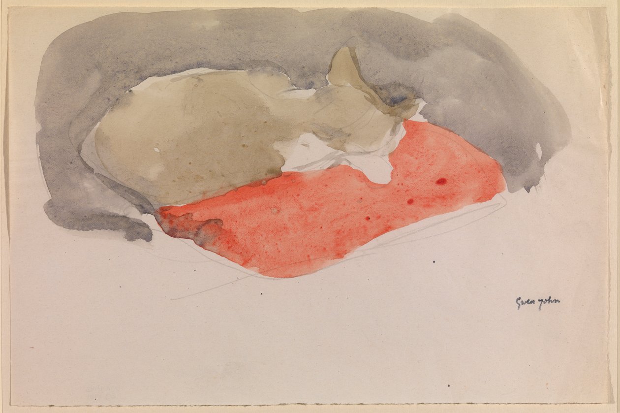 Schlafende Katze auf einem roten Kissen von Gwen John