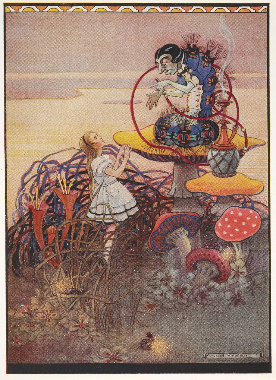 Alice spricht mit der blauen Raupe, die auf einem riesigen Pilz sitzt und eine Pfeife raucht von Gwynedd M. Hudson