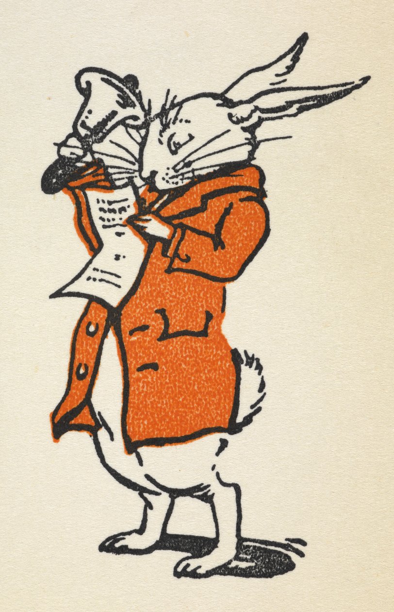 Illustration des Weißen Kaninchens in einer roten Jacke, das eine große Glocke läutet und liest von Gwynedd M. Hudson