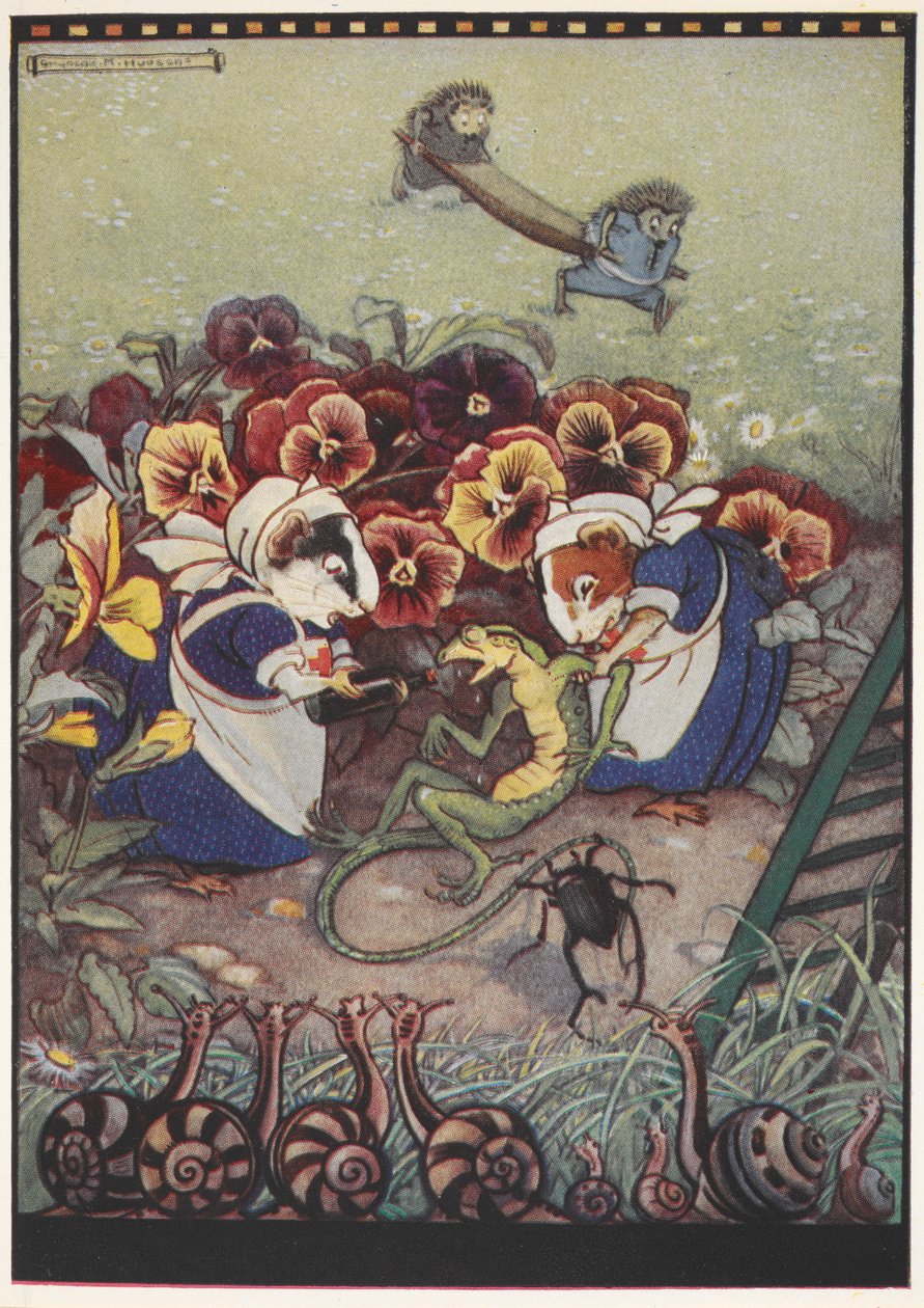 Illustration von zwei Meerschweinchen in Dienstmädchenkleidung, die sich um eine Eidechse kümmern, während zwei Igel im Hintergrund eine Trage tragen, um ihm zu helfen. von Gwynedd M. Hudson