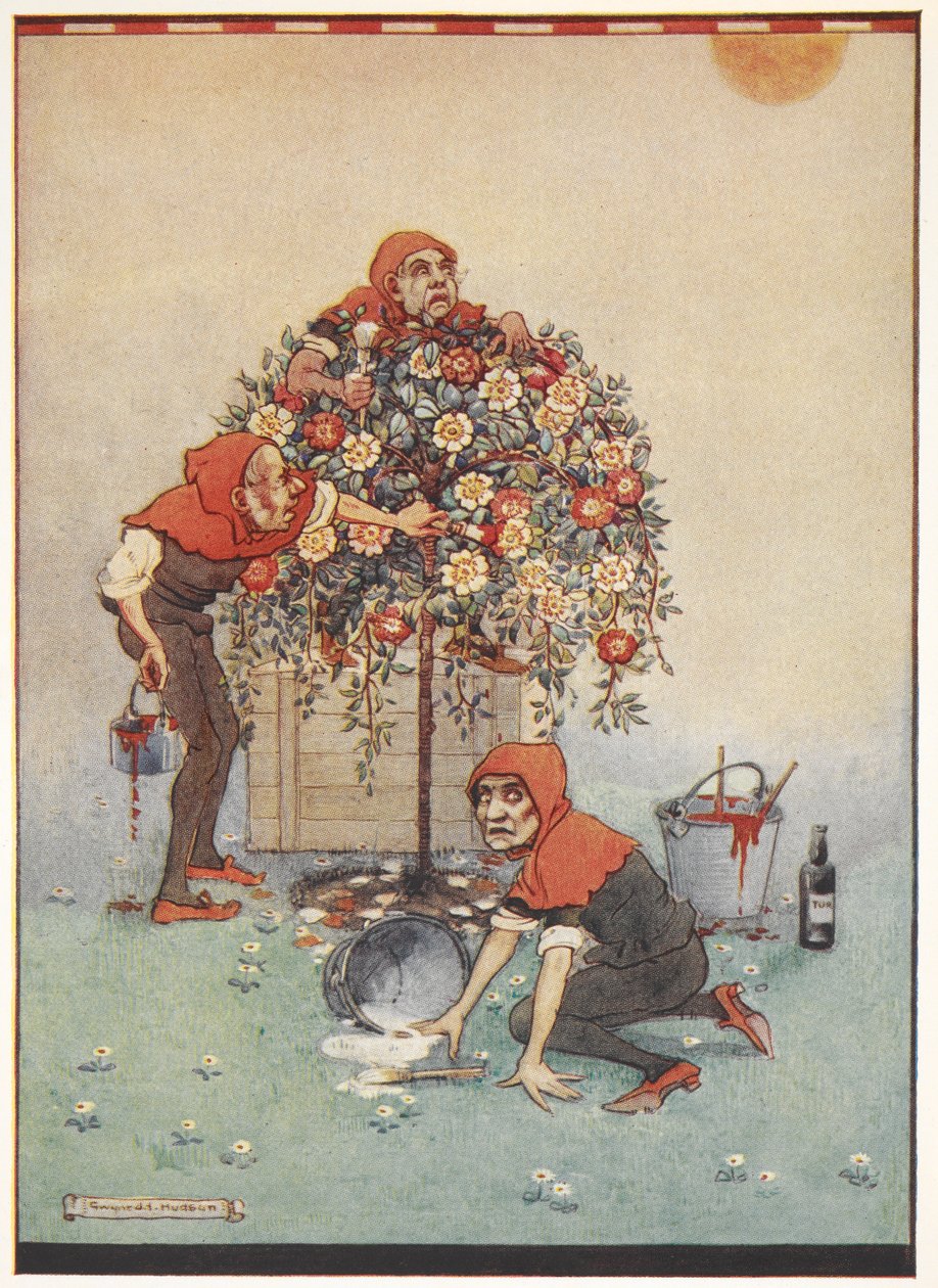 Die Gärtner der Herzkönigin malen die Rosen von weiß zu rot aus Alice im Wunderland von Gwynedd M. Hudson