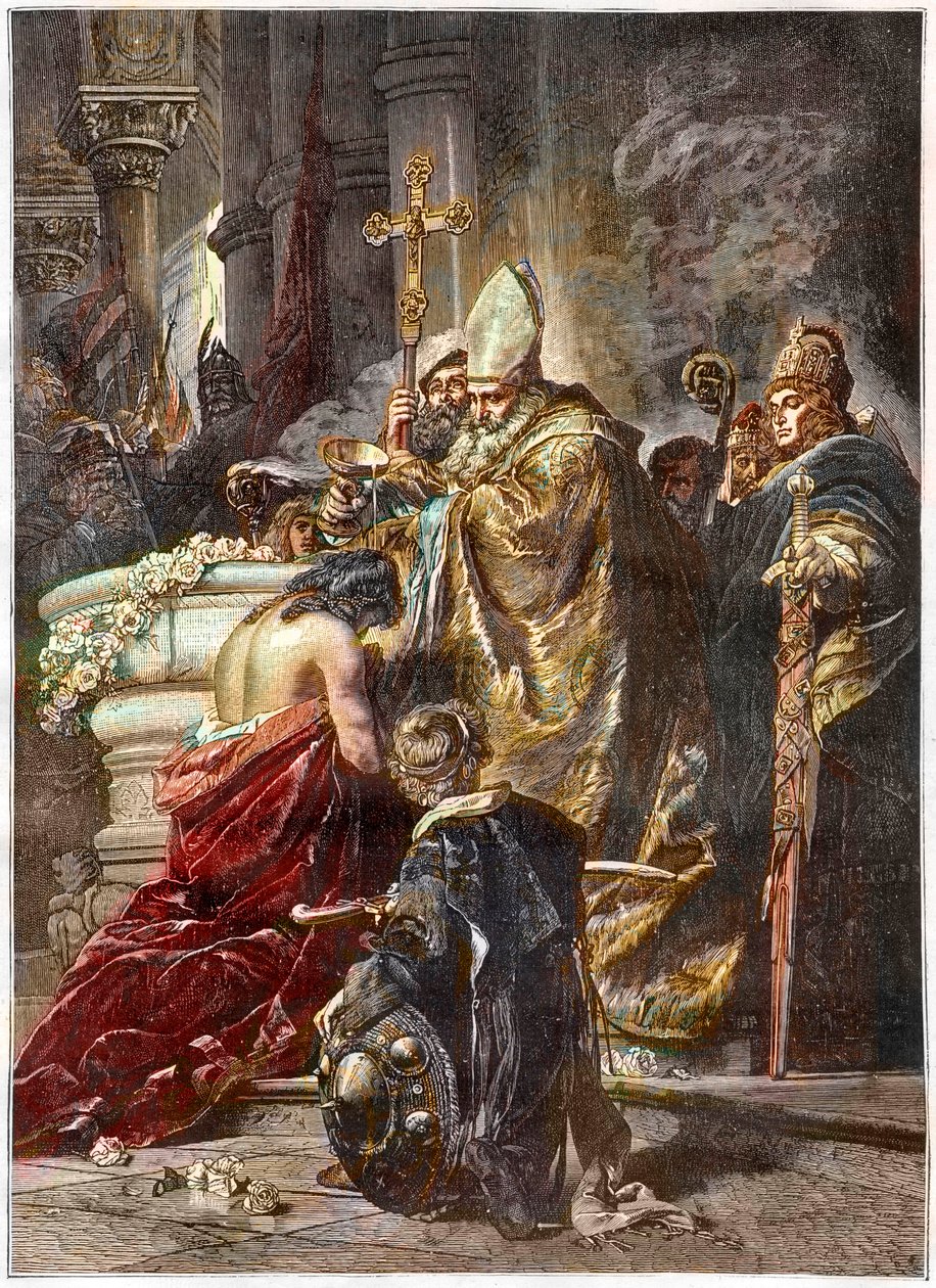 Die Taufe von Stephan I. (ca. 970-1038), Heiliger und erster König von Ungarn - getauft von Adalbert von Prag Nach einem Werk von Gyula Benczur - Der ungarische Prinz Vajk wird von Adalbert von Prag getauft und nimmt den Namen Stephan an (St. Stephan I. Kö von Gyula Benczúr
