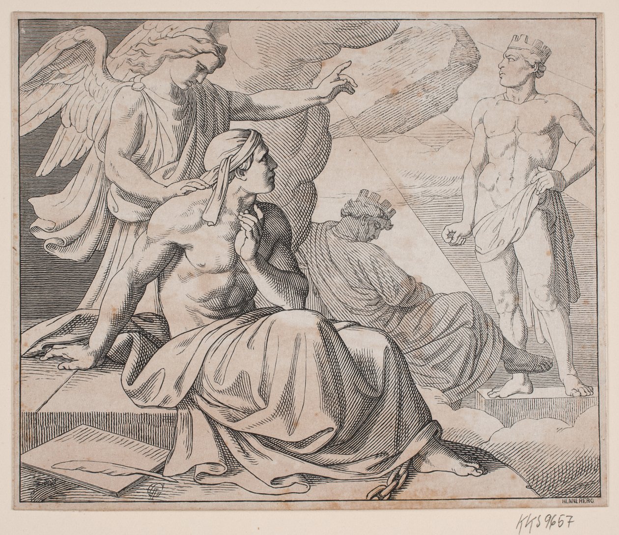 Allegorisches Blatt. Ein Engel legt die Hand auf die Schulter eines Mannes und zeigt auf eine Statue von H. C. Henneberg
