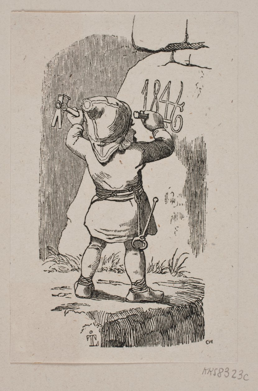 Ein Wichtel meißelt die Jahreszahl 1846 in einen Felsen von H. C. Henneberg