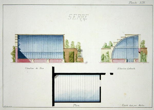 Entwurf für ein Gewächshaus mit gebogenen Glaswänden und -dach, aus einem Folio mit Originalzeichnungen im klassischen und frühen Belle-Epoque-Stil, ca. 1870 von H. Monnot