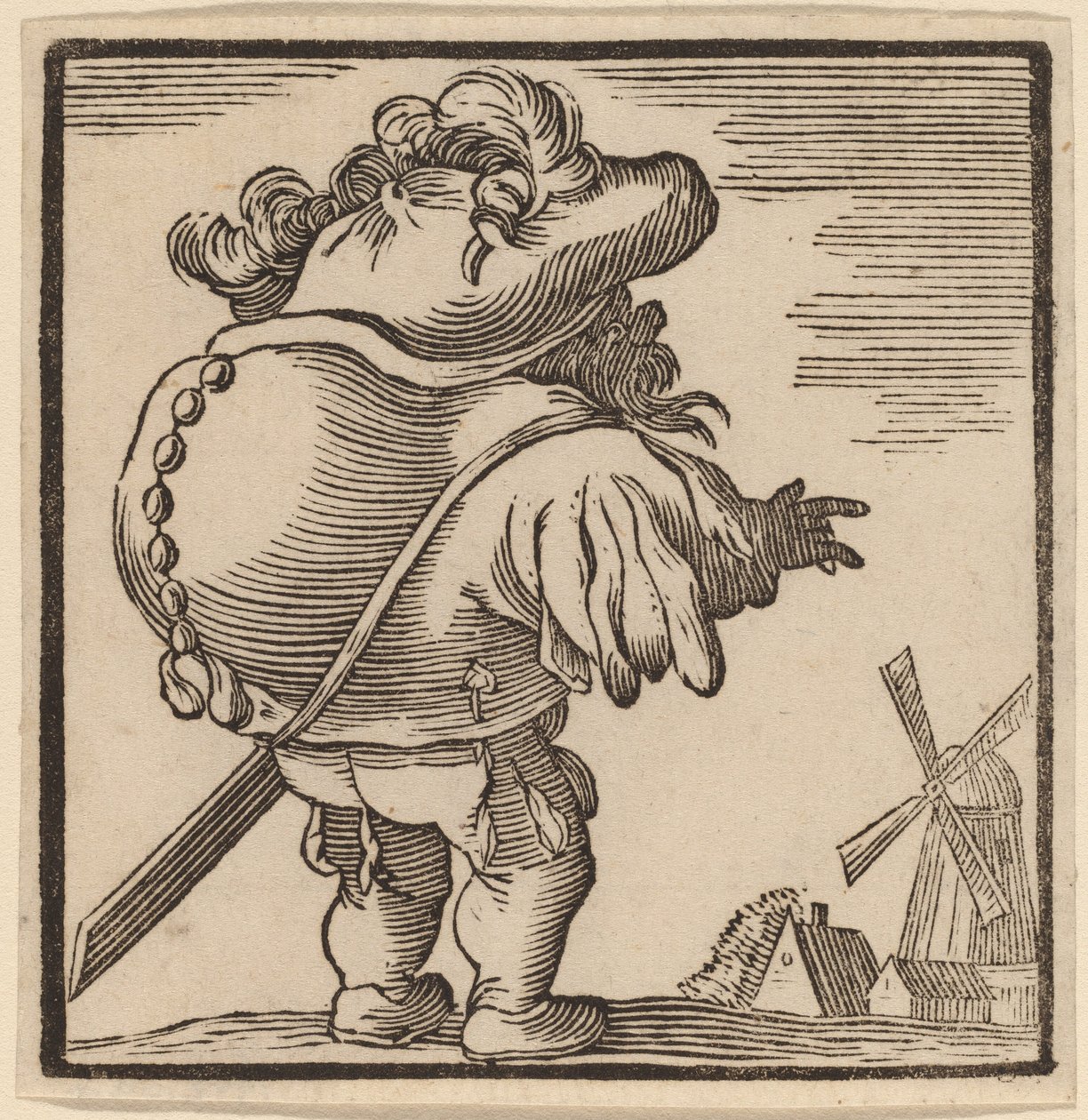 Buckliger, der eine Windmühle betrachtet von H. Numan after Jacques Callot