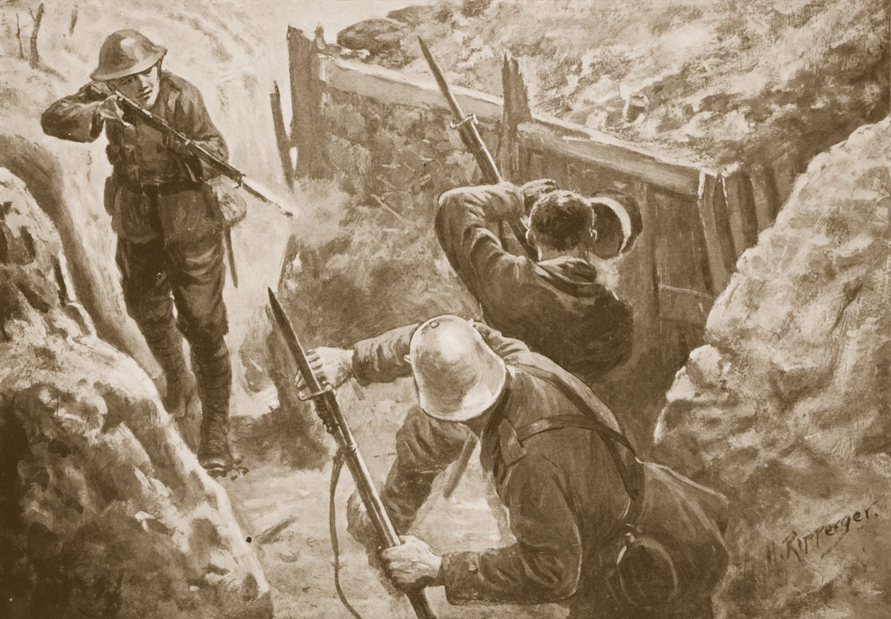 Private J. Hutchinson erschießt zwei deutsche Wachposten bei einem Angriff auf einen deutschen Graben von H. Ripperger