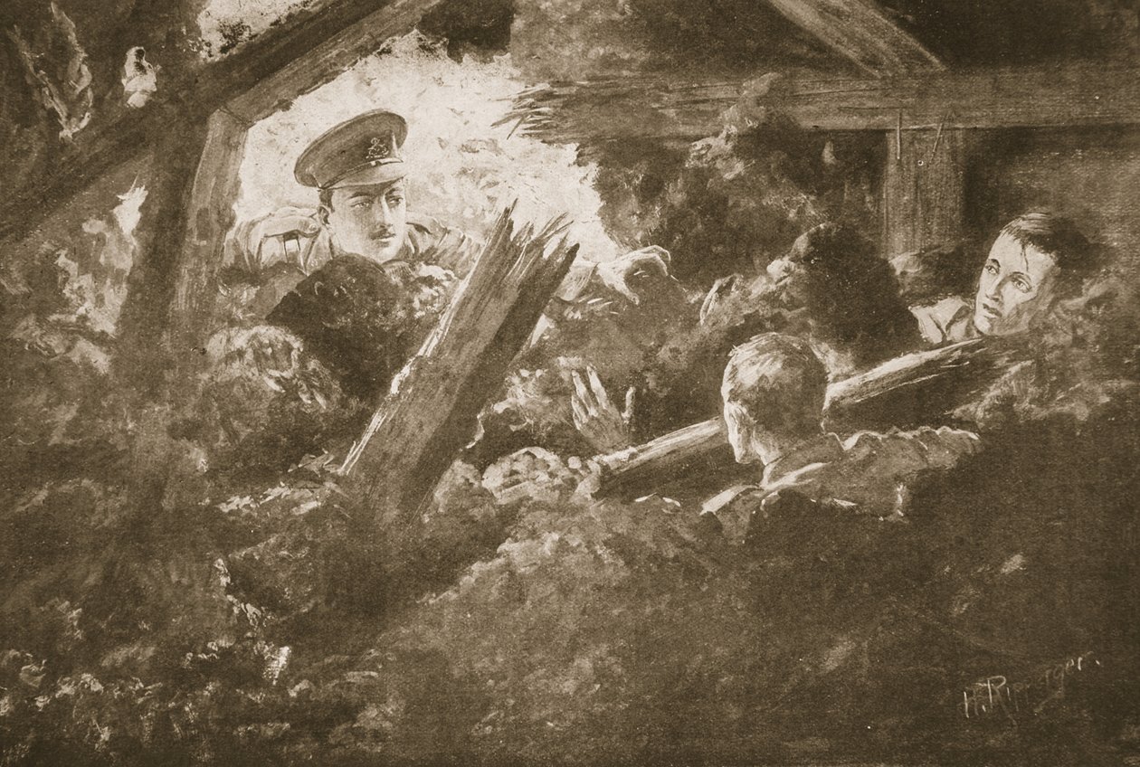 Leutnant C.F.H. Calvert entdeckt und rettet zwei Männer aus einer eingestürzten Minengalerie von H. Ripperger