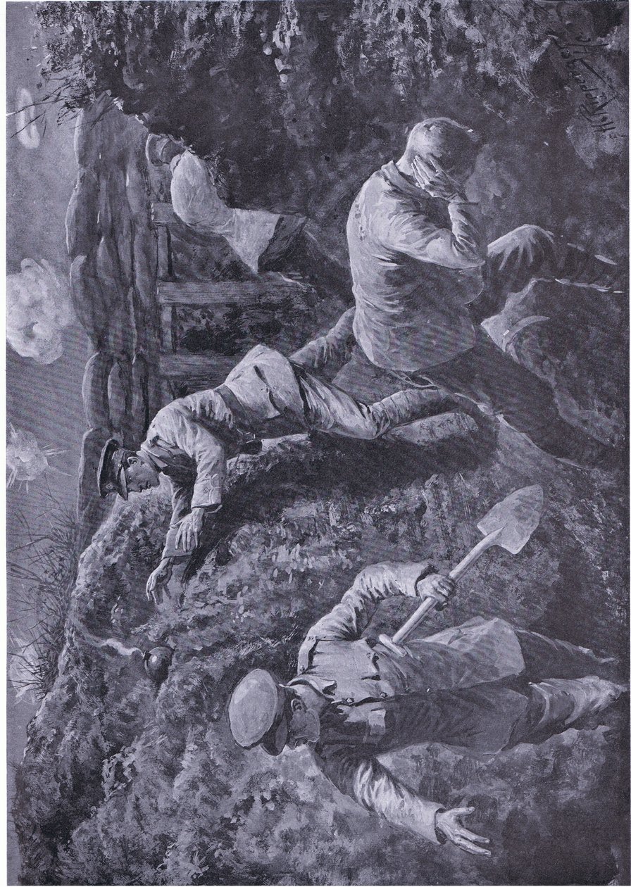 Second Lieutenant Rochfort hebt eine Bombe auf, die kurz vor der Explosion stand, und wirft sie aus dem Graben (mit VC ausgezeichnet) von H. Ripperger