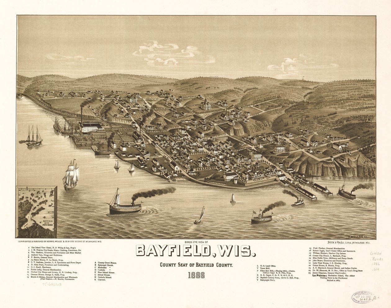 Vogelperspektive von Bayfield, Wis., Bezirkssitz von Bayfield County 1886 von H. Wellge