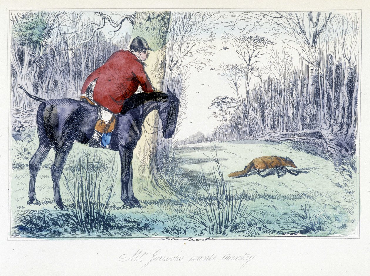Reitszene bei der Jagd. Englische Karikatur über die Fuchsjagd aus den "Abenteuern von Thomas Scott oder Hawbuck Grange", Illustration von H.K. Browne und W.T. Maud. von Hablot Knight Browne