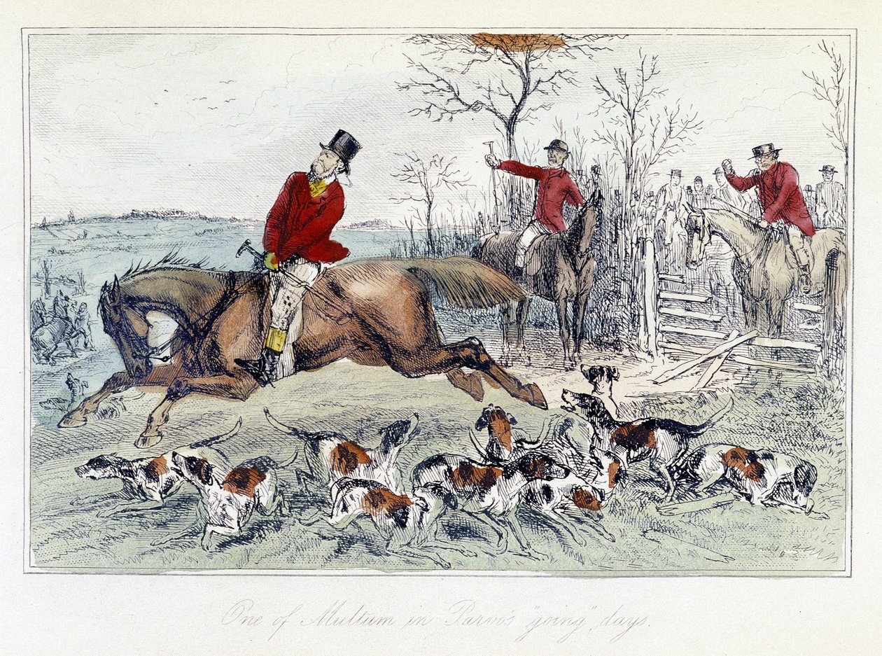 Jagdszene in „Die Abenteuer von Thomas Scott“, Illustration von H.K. Browne und W.T. Maud; Englische Karikatur über die Fuchsjagd. von Hablot Knight Browne