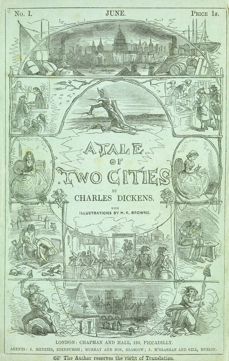 Titelseite aus dem ersten Teil der ersten Ausgabe in Serienform des Buches "Eine Geschichte aus zwei Städten" von Charles Dickens, 1859 von Hablot Knight Browne