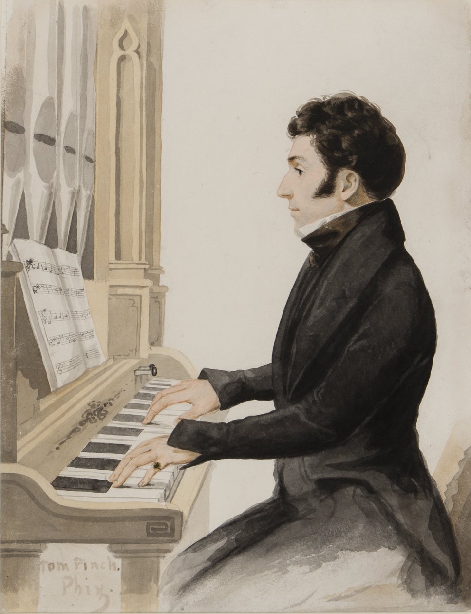 Tom Pinch spielt die Orgel in Salisbury von Hablot Knight Browne