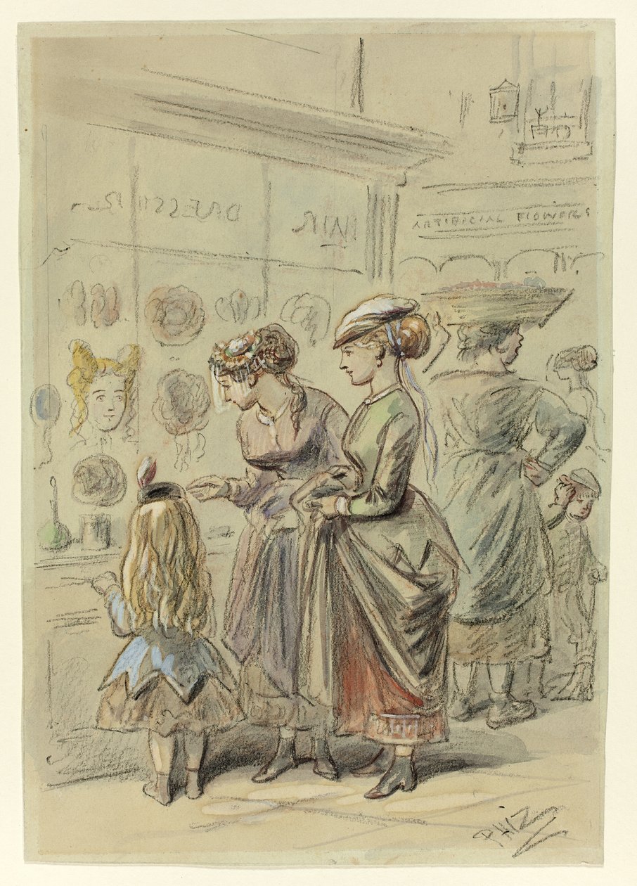 Zwei Damen und ein kleines Mädchen vor dem Friseurladen von Hablot Knight Browne
