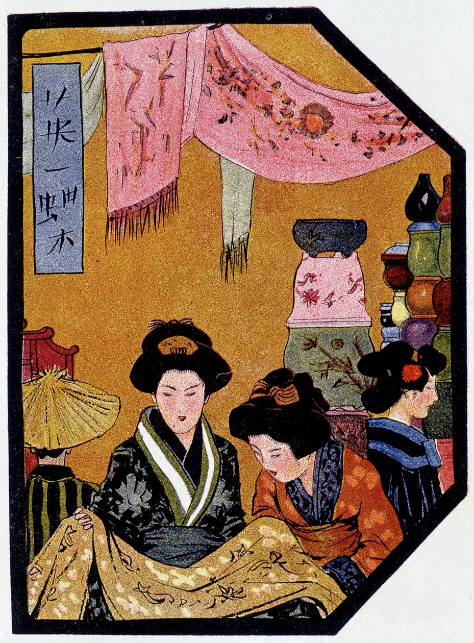 Junge Japanerinnen in Seidenläden - in „Japanische Puppe“ von Félicien Champsaur, ill. Hanafusa Itcho, Paris von Hanabusa Itcho