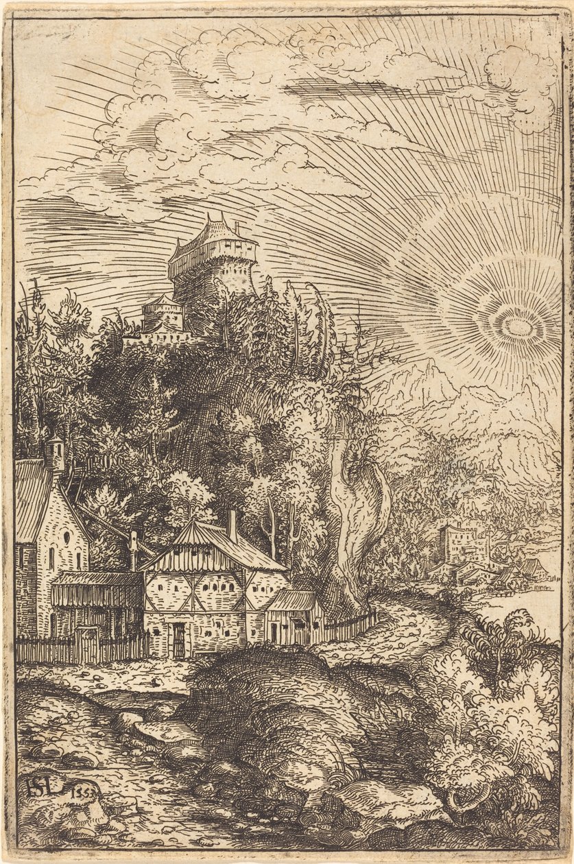 Landschaft mit einer Burg und strahlender Sonne von Hanns Lautensack