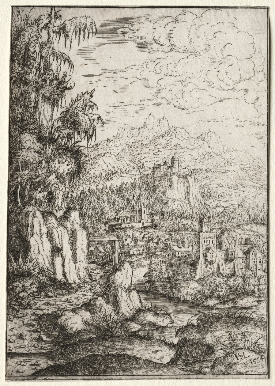 Landschaft mit einer Straße zu einer Burg auf einer Insel in einem Fluss von Hanns Lautensack