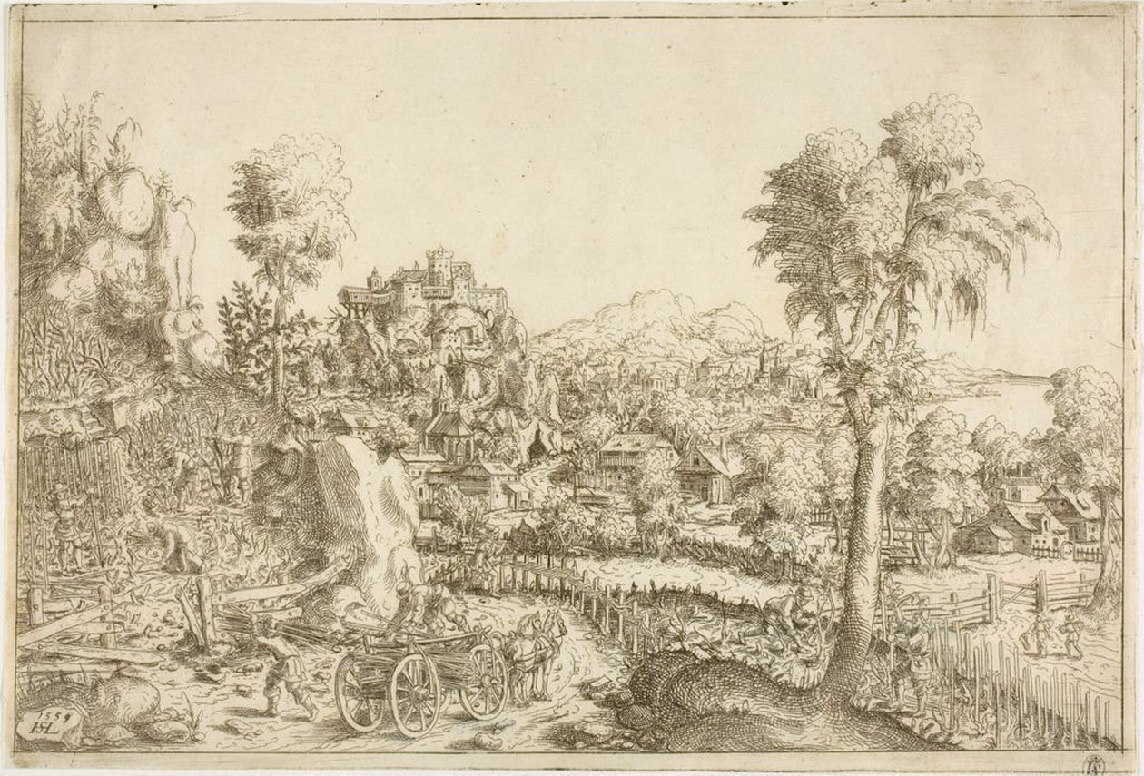 Landschaft mit einem Weinberg, in der Mitte ein mit Stangen beladener Wagen von Hanns Lautensack