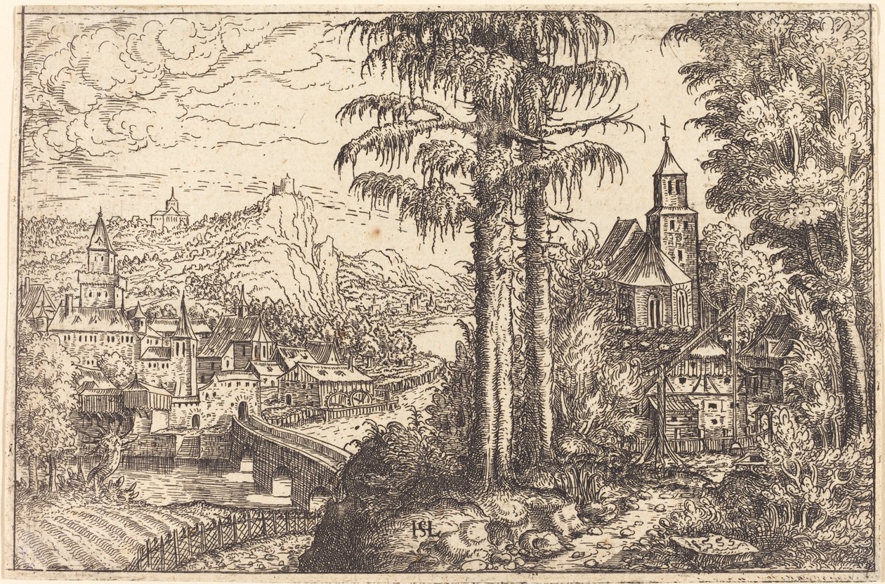 Blick auf eine Stadt nahe einem Fluss mit einer Kirche rechts von Hanns Lautensack